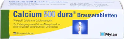 Produktbild von Calcium 500 dura Brausetabletten zur Vorbeugung eines Calciummangels und zur unterstützenden Behandlung von Osteoporose, 20 St. Tabletten