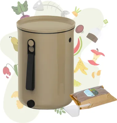 Produktbild von Skaza Bokashi Organko 2 | Preisgekrönter Küchenkompostbehälter aus recyceltem Kunststoff | 9.6 L | Starter Set für Küchenabfälle und Kompostierung | mit EM Bestreuung 1 kg | Braun-Beige