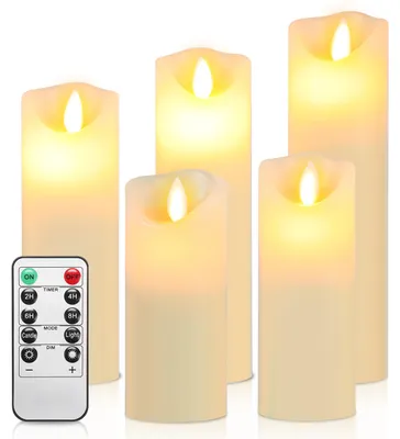 Obrázek produktu pro Sada 5 LED svíček, pravá vosková náplň, realistické plameny, bez plamene, s dálkovým ovládáním, funkcí časovače a víceúrovňovým stmíváním, pohyblivý plamen, bílé barvy