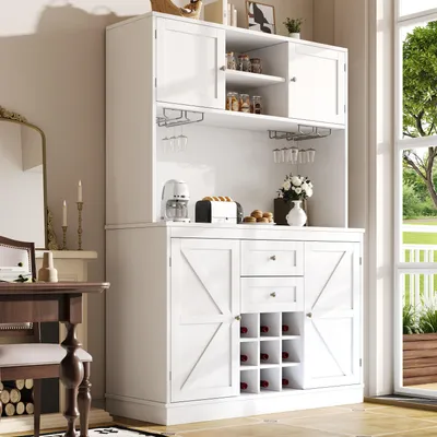 Produktbild von Küchenschrank mit verstellbaren Ablagen & Weinregal, Hochschrank Küchenbuffet mit 4 Türen & 2 Schubladen, Sideboard für Küche & Wohnzimmer, Buffetschrank, Weiß