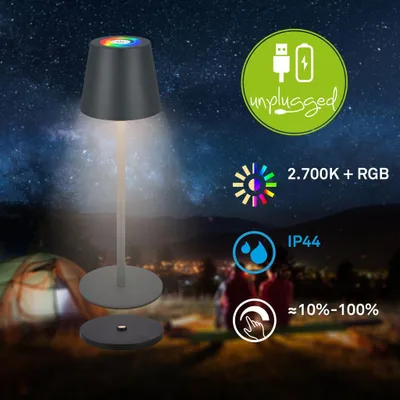 Obrázok produktu pre Briloner Cilano RGBW LED stolová lampa bezdrôtová IP44, stmievateľná, dotyková, bez kábla, odolná proti striekajúcej vode, antracitová, Ø12 x 36 cm
