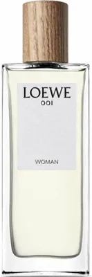 A clear, professional studio shot of a LOEWE 001 WOMAN Eau de Parfum bottle.
