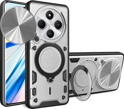 Immagine prodotto di Custodia per Xiaomi Redmi 14C Custodia resistente a doppio strato con copertura della fotocamera e supporto ad anello Argento