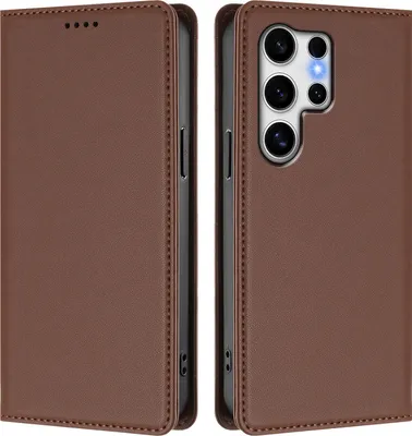 Produktbild von Handyhülle für Samsung Galaxy S25 Ultra, Kunstleder Klapphülle Stoßfeste Magnetische Hülle mit Ständer Braun