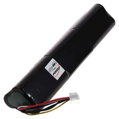 A black battery pack with a white label and wires.