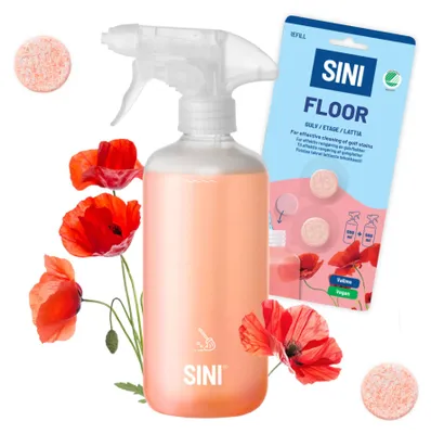 Produktbild von SINI Starterset Boden - Flasche & 2 Tabletten – Kraftvoller Bodenreiniger mit Duft von rotem Mohn – pH-neutral, vegan & umwelt (Nordic Swan) – Hergestellt in Finnland