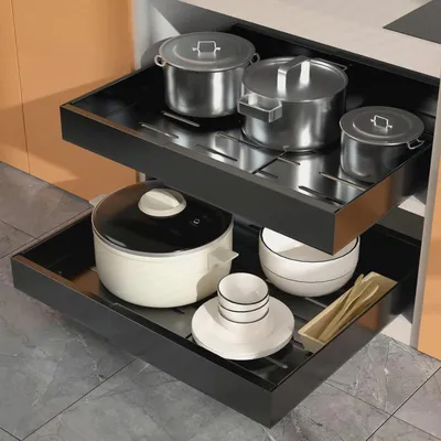 Produktbild von 2 Stück erweiterbarer ausziehbarer Schrankorganisator mit Klebefläche, 53 cm tiefe Schubladen für Küchenunterschränke, verstellbare Breite 32 cm-53 cm