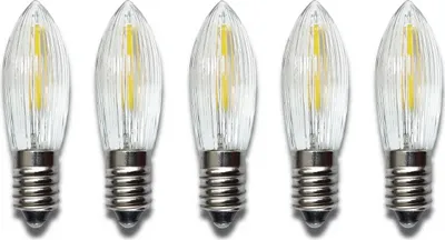 Five LED filament candle-shaped light bulbs with ribbed clear glass and silver bases, arranged in a row against a white background.