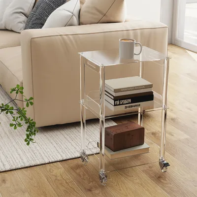 Imagen del producto de Mesa auxiliar transparente con 3 estantes y ruedas