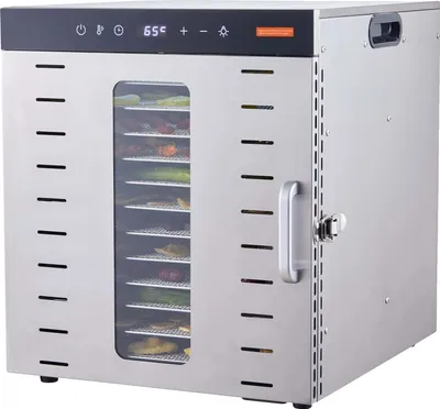 Produktbild von Lebensmittel-Dehydrator, 10 Edelstahl-Tabletts, 1000W Leistung, Temperaturbereich 30-90°C, Timerbereich 0,5-48 Stunden, 360° Luftzirkulation