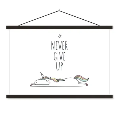 Produktbild von MuchoWow® Textilposter Einhorn - Kinder - Zitate - Niemals aufgeben - Mädchen 150x100 cm mit schwarzem Rahmen - Schlafzimmer