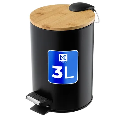 Image de KADAX Poubelle de salle de bain "Linter", Seau avec couvercle en bambou, Poubelle pour salle de bain et WC, 3L, Noir