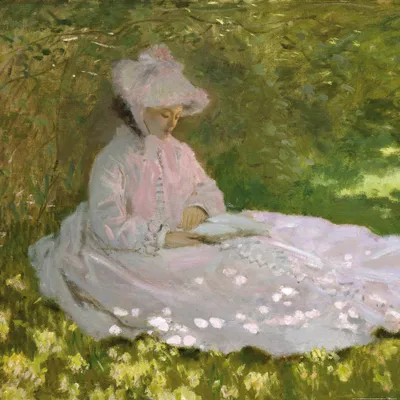 Zdjęcie produktu dla Claude Monet Art Print Obraz - Wiosna, Kobieta czytająca, 1872 (100 x 100 cm)