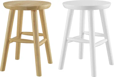 Two stools, one natural wood and one white, are shown side-by-side against a white background.
