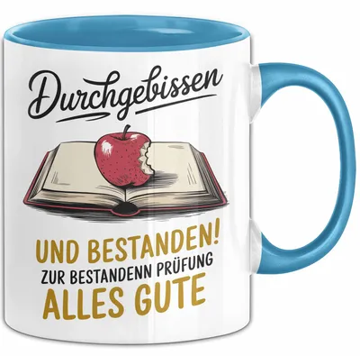 Produktbild von Schüler Abschluss Tasse Geschenk Lustige Geschenkidee Spruch Durchgebissen Und Bestanden (Blau)