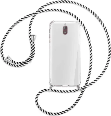 Produktbild von Handykette Backcover-Schutzhülle mit Band (Metall silberfarben) für Nokia 3.1 - schwarz/weiß gestreift