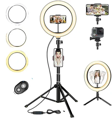 Image de Anneau lumineux LED, diamètre 26 cm, 3 modes d'éclairage, 10 niveaux de luminosité, hauteur du trépied réglable de 35 cm à 160 cm, alimentation USB