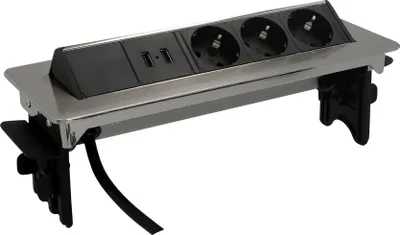 Produktbild von Unitec Einbausteckdosenleiste 3-fach 2m mit 2 x USB Anschlüssen, silber