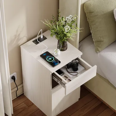 Image de Table de chevet 33 x 40 x 61,5 cm avec fonction de charge, USB-A, USB-C, prise, tiroir, poubelle, aspect bois clair