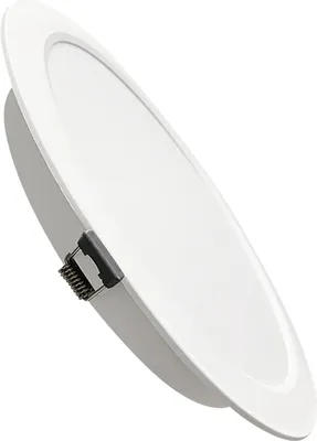 A white LED recessed light fixture is shown at an angle against a white background.