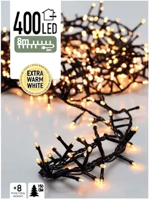 A close-up of a string of LED lights with packaging information in the foreground.