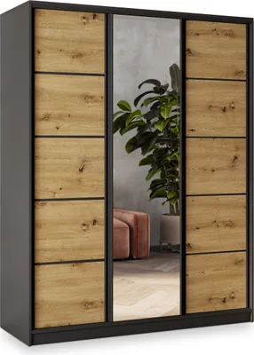 Produktbild von Masseno Schiebetürenschrank NATA 160/205/58 cm Kleiderschrank mit 4 Schubladen Schlafzimmer Schrank 3-türig mit Spiegel Schwarz / Eiche Artisan