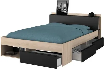 Image de Lit Adulte COMBO, 140x190/200 cm, Chêne et Noir, 3 Tiroirs, PARISOT