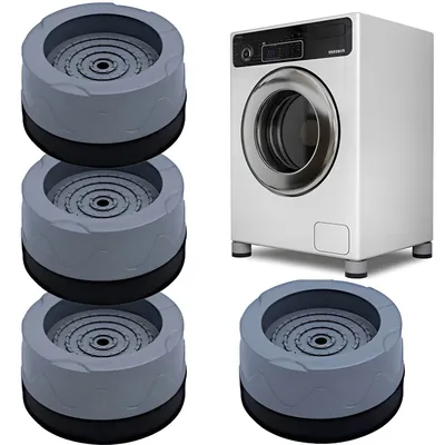 A collage showing a washing machine and four anti-vibration pads.