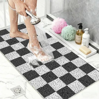 Obrázok produktu pre Protisklzová podložka pod sprchu, 40x80 cm, karovaný vzor, PVC, rýchlo schnúca, odolná proti plesniam, umývateľná, čierno-biela