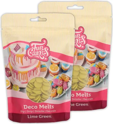 Produktbild von AOS Set | Doppelpack Funcakes Deco Melts Limettengrün - Lime | 2er-Pack enthält 2x 250g (500g) | Tauchen, drippen, dippen und dekorieren! In der Mikrowelle schmelzen und in jede Form gießen,