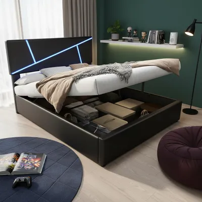 Produktbild von Schwarzes Polsterbett 90x200 cm, Synthetikleder, Doppelbett mit Lattenrost, Rückenlehne, hydraulischer Bettkasten, LED-Lichtleisten