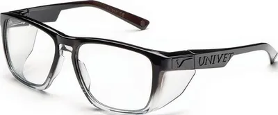 A pair of safety glasses with clear lenses and black frames, shown against a white background.