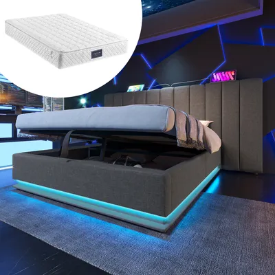 Obrázek produktu pro MODFU Čalouněná postel hydraulická 160 x 200 cm s LED ovládáním pomocí aplikace a USB-C nabíjecí funkcí, hydraulická postel s úložným prostorem, šedá (s matrací)