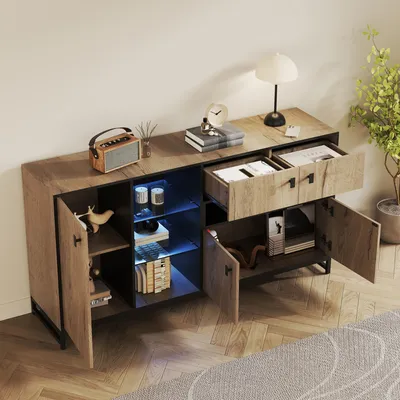 Produktbild von MODFU Minimalistischer Aufbewahrungsschrank Beistellschrank Sideboard mit Glasböden und verstellbaren Innentrennwänden,Flurschrank mit Doppeltüren und offenem Regal,Natur
