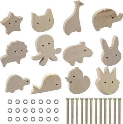 Image de 12 pièces de boutons d'armoire en bois pour la chambre d'enfant - boutons de meubles pour les armoires avec des vis - poignées de tiroirs mignons en forme d'animaux pour la chambre d'enfant