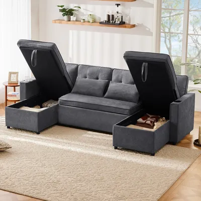 Produktbild von STILVORA Schlafsofa mit Getränkehalter und Stauraum,Ecksofa ausziehbar mit Schlaffunktion,Polstersofa aus Baumwoll-und Leinenstoffe für Familien,Grau