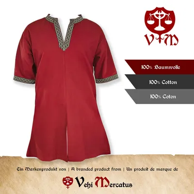 Produktbild von Klassische Wikinger Tunika rot "Arvid" mit Knotenmuster, kurzarm S