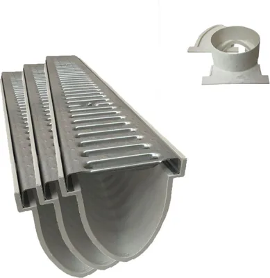 Produktbild von 3x Xanie Entwässerungsrinne V Stegrost Klasse A 100cm + Ablaufanschluss-Set horizontal
