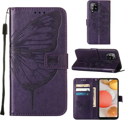 Produktbild von Galaxy A42 5G Hülle, Schmetterling Prägung Flip Leder Kartenfächer Schutzhülle Ledertasche mit Ständer für Samsung Galaxy A42 5G Lila