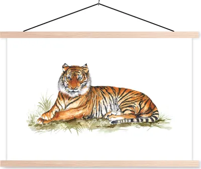 Produktbild von MuchoWow® Textilposter Tiger - Gemälde - Orange 120x80 cm mit holzfarbenen Rahmen - Aufhängeset
