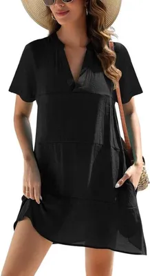 Sommerliches Langes Strandkleid mit Taschen, V-Ausschnitt und kurzen Ärmeln für Damen - Ideal für Urlaub und Freizeit