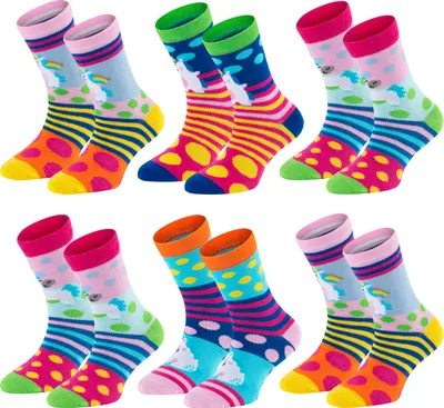 Produktbild von TippTexx 24 6 Paar Kinder Socken, handgekettelt, für Mädchen & Jungen, Gute Laune Einhorn, Größe 31-34