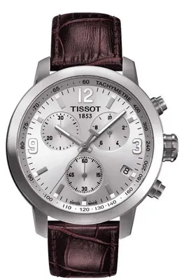 Produktbild von Tissot PRC 200 Chronograph 42 mm Herrenuhr mit silbernem Zifferblatt und Lederarmband (Quarz)