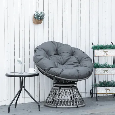 Produktbild von Polyrattan Papasansessel Drehbar 360° Loungesessel mit Kissen Grau Balkonsessel Wetterfest Korbsessel Outdoor Sessel verzinkter Stahl B87xT97xH86 cm
