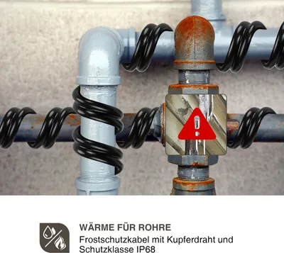 A close-up view of a heating cable wrapped around pipes, with a warning sign on one of the pipes. The bottom of the image contains text and icons related to the product.