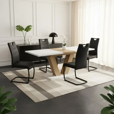 A dining set with a table and chairs in a modern dining room.