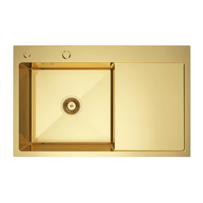 Obrázek produktu pro VBChome kuchyňský dřez 78×49 cm z nerezové oceli ve zlaté barvě s odkapávací plochou vpravo – 1 vanička, vestavný dřez, hloubka 21 cm, minimální výška spodní skříňky 50 cm