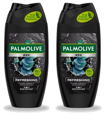 Imagen del producto de 2 unidades de gel de ducha 3 en 1 Palmolive Men, refrescante, 250 ml. Paquete económico