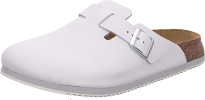 A single white BIRKENSTOCK Boston Super Grip Clog is shown from a side angle on a white background.