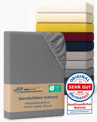 Produktbild von AM Qualitätsmatratzen | Premium Spannbettlaken 150x200 cm | Baumwolle (200gsm) in Anthrazit |  Germany |  es Bettlaken | Jersey Spannbetttuch | Fitted Sheets | Baumwolle |150 x 200 cm